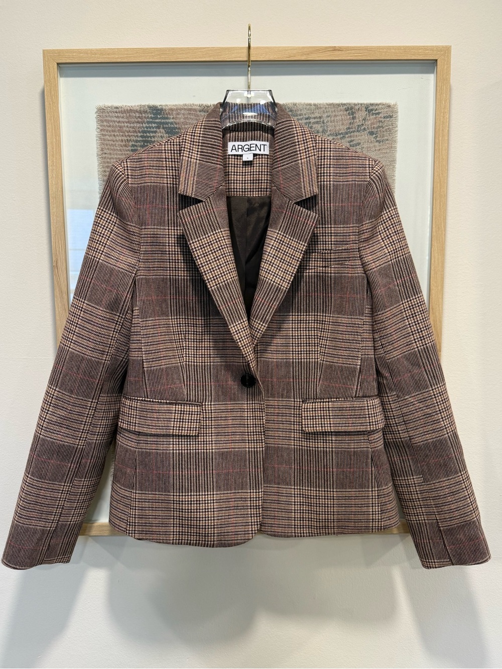 ARGENT Plaid Wool Single Breasted Blazer Jacket Brown Tan Womens Size 4